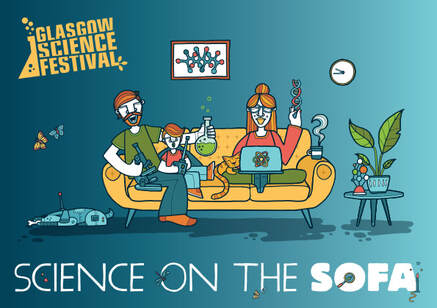 Glasgow Science Festival Science on the Sofa publicity image: a cartoon family do experiments while seated on a sofa