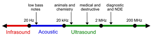 Diagram showing the frequency ranges for infrasound, acoustic waves and ultrasound