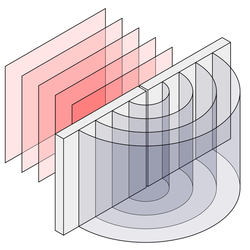 Schematic diagram of a waves front being diffracted through a slit