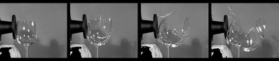 Series of photographs showing a glass being broken by sound