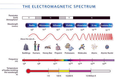 Schematic diagram of the electromagnetic spectrum showing the frequency and wavelengths of types of EM radiation.