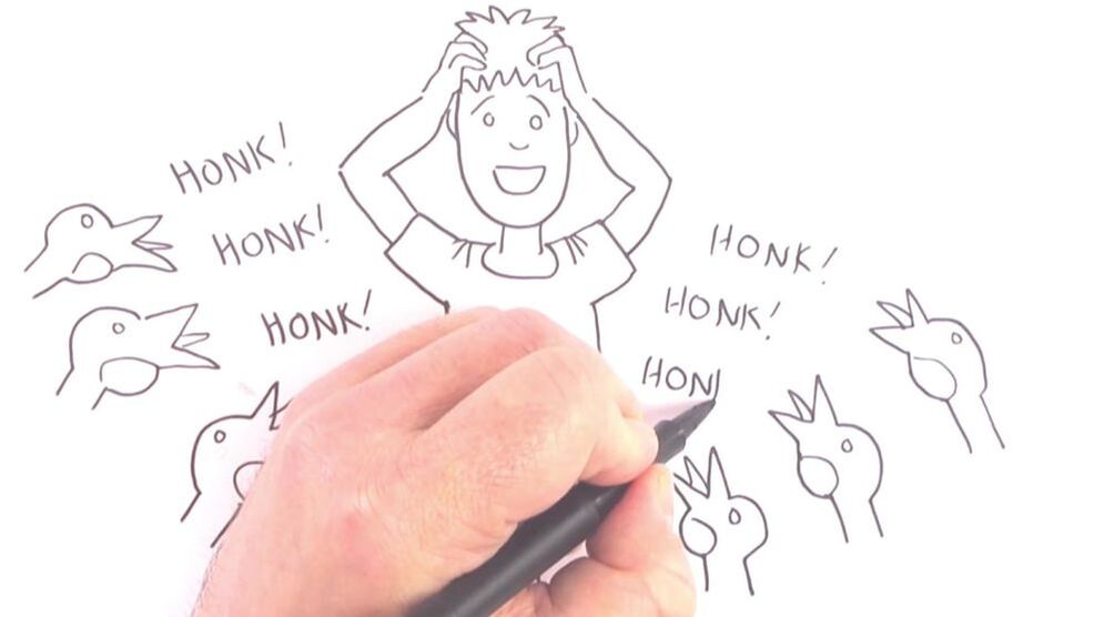 Line drawing of a person surrounded by honking geese