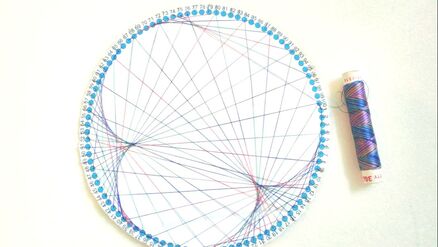 A circle of card with a spool of multicoloured thread.  The card is part wrapped in the thread in a curved design