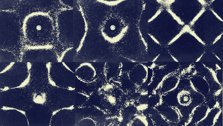 A composite image of six photographs of square black chladni plates with patterned sand.