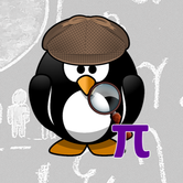 A cartoon penguin examines a pi symbol with a magnifying glass
